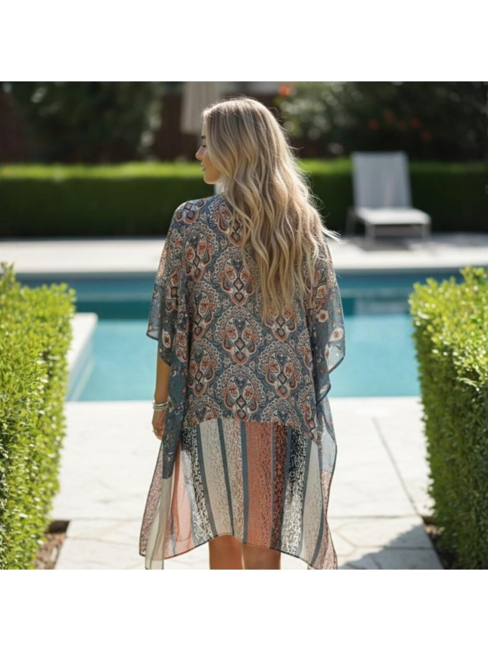 Women Rz Misty Blue Viscose Summer Lightweight Boho Kimono Cardigan Cover up - Picture 6 of 6